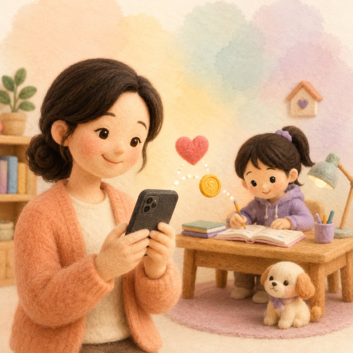 부모가 보낸 하트와 코인이 공부하는 아이에게 전해지는 모습